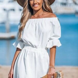 Cupshe White Off The Shoulder Mini Dress Puff Sleeve A-Line Size L NWT